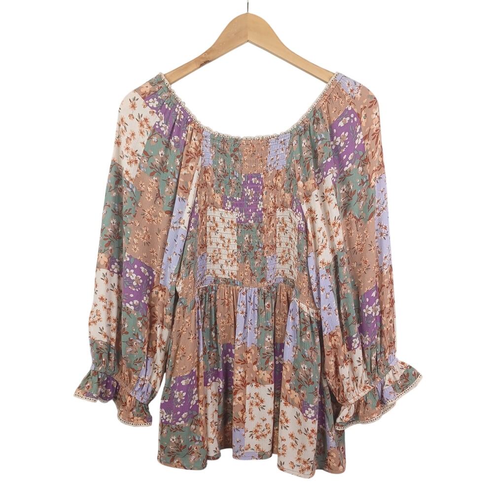Cato Floral Patchwork Babydoll Boho Top L Milkmaid Smocked Cottagecore Peasant - Picture 6 of 11